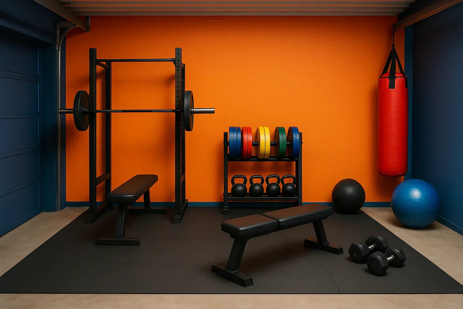A colorful, well-equipped garage gym with a squat rack, weight bench, dumbbells, kettlebells, and a red punching bag against vibrant orange and blue walls — showcasing an ideal home gym setup for fitness enthusiasts exploring the value of garage gyms.