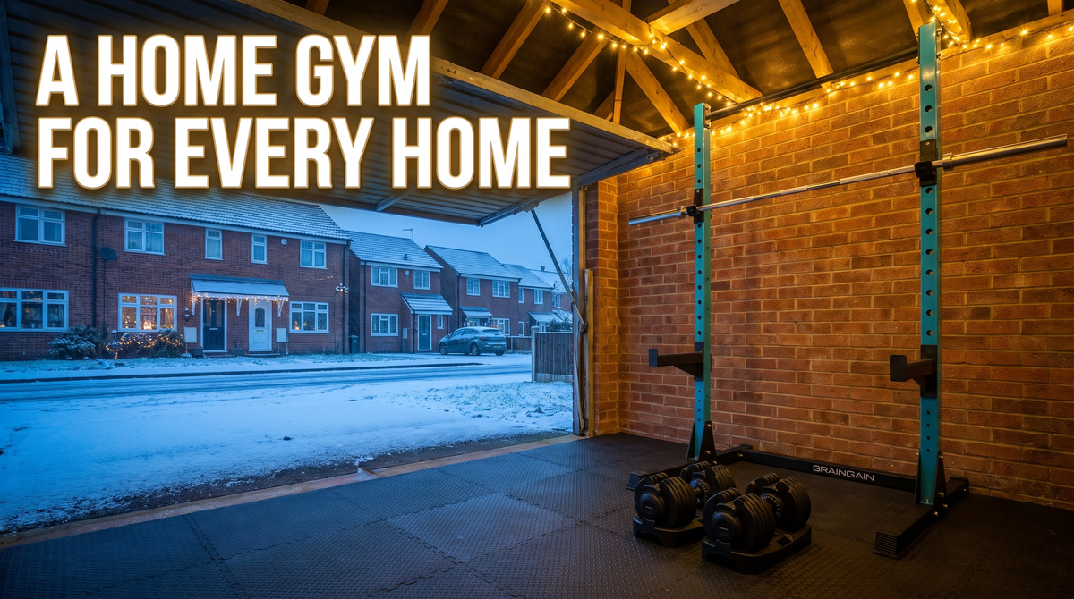 A home gym for every home: BrainGain squat rack and SmartBells adjustable dumbbells in a British garage on a snowy Christmas evening